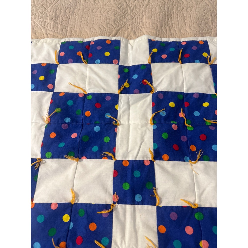 Handmade Patchwork Baby Quilt Blue Polka Dot Hand Tied Nursery Blanket 26x34 - Picture 4 of 8